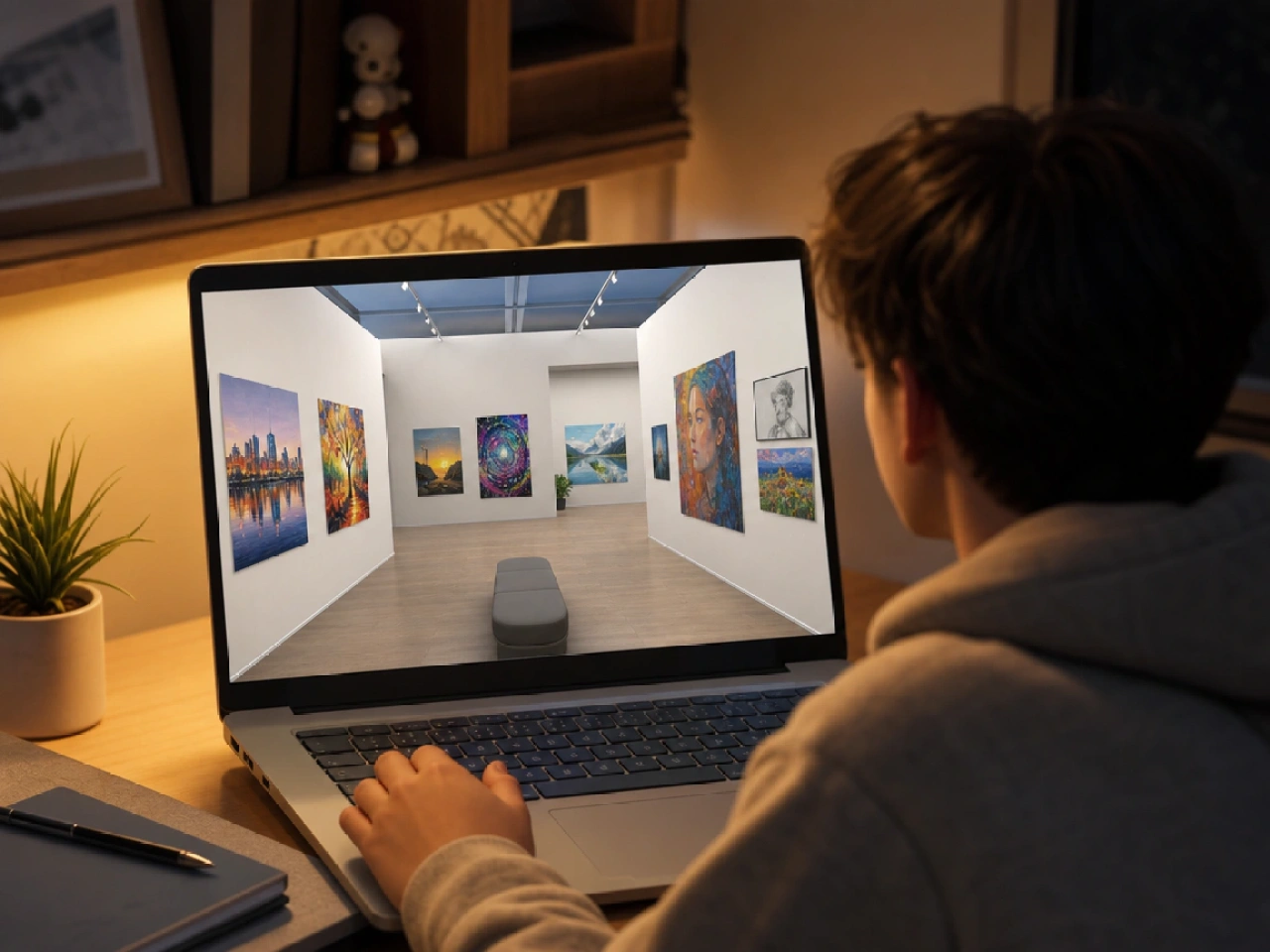 Online virtual art exhibition on a laptop