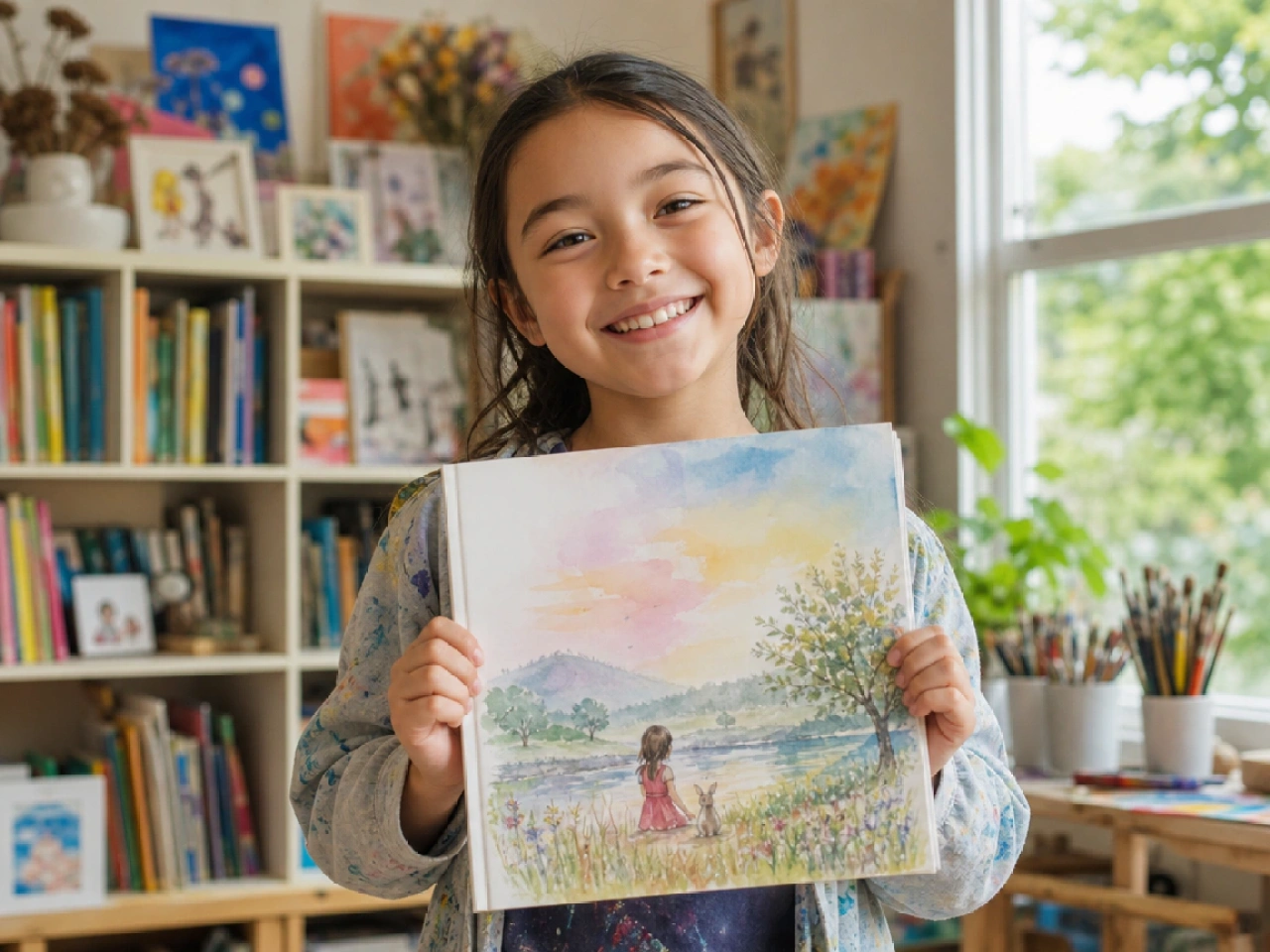 Student proudly holding her own picture book